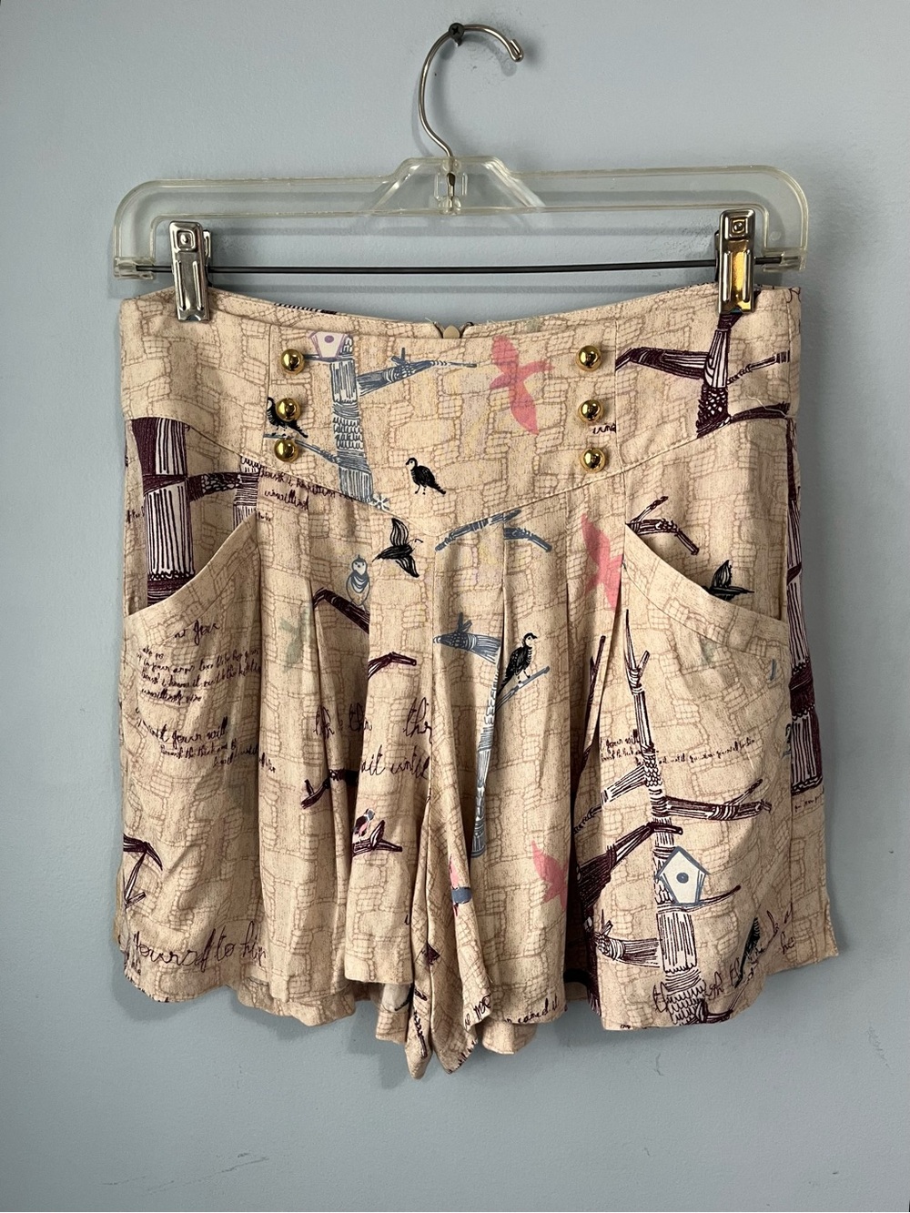 Antix Cream Bird Printed High Waist Pleated Relaxed Fit Shorts Pockets Size S